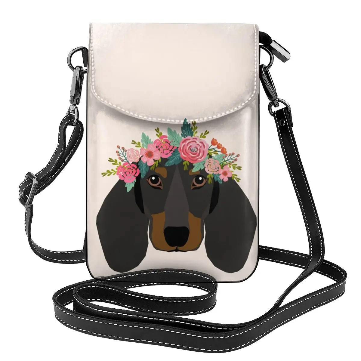 

Dachshund Floral Crown Shoulder Bag Flower Gift Reusable Women Bags Leather Outdoor Female Purse