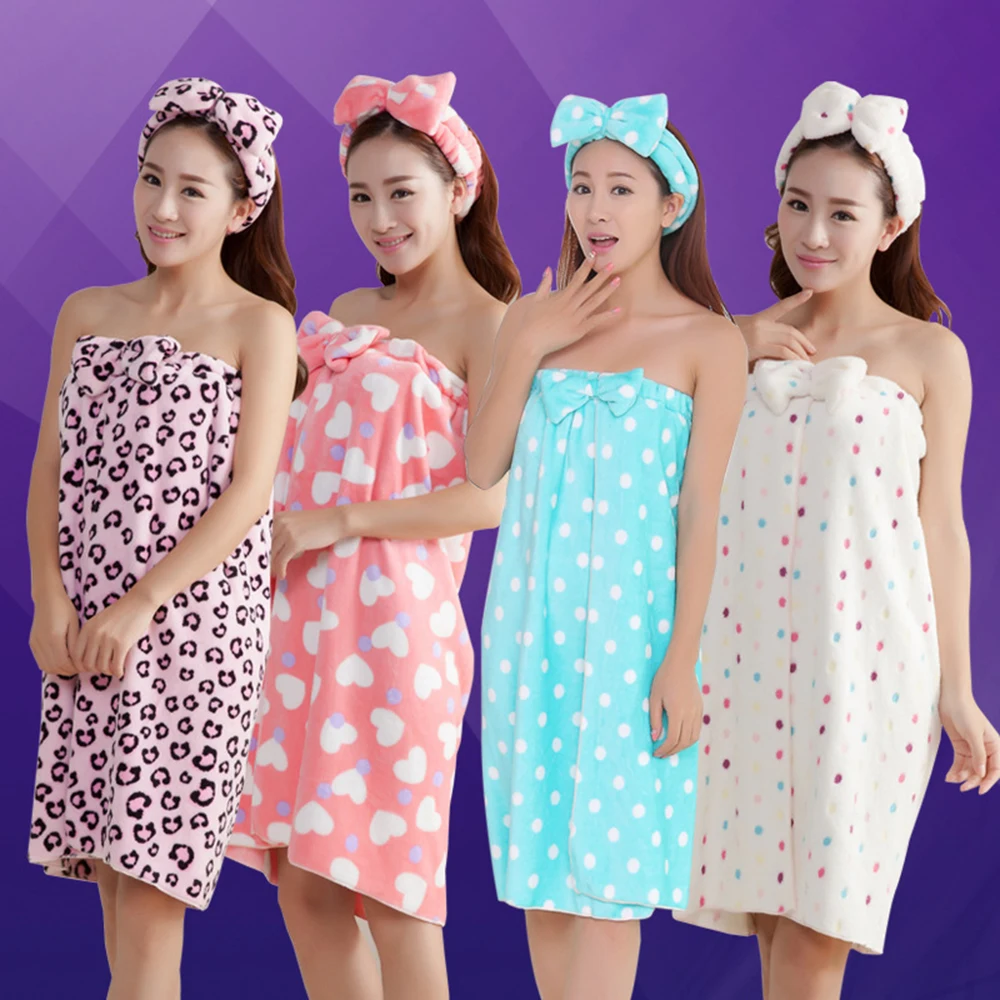 

100*75cm Women Sexy Wearable Absorbent Bath Towel+Hair Cap Bathroom Towel Set Bow-knot Body Wrap Bathrobe Spa Skirt for Adults