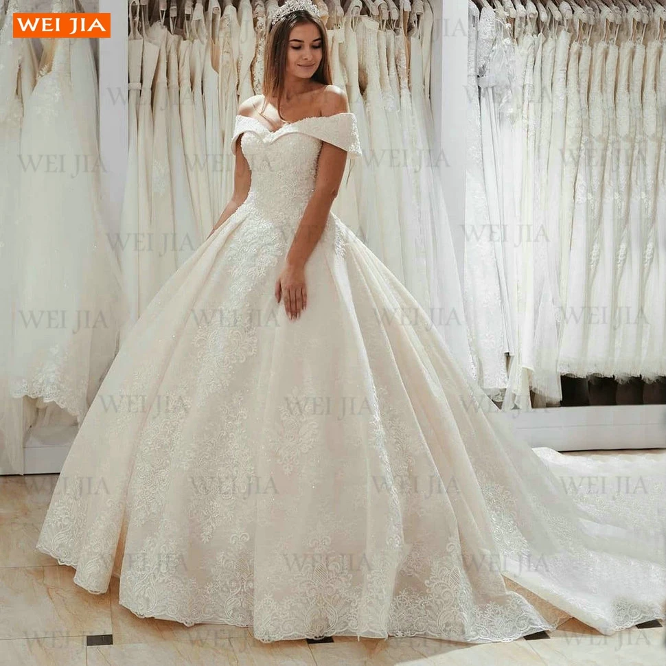 

Женское кружевное свадебное платье, элегантное бальное платье со шлейфом и открытыми плечами, 2021