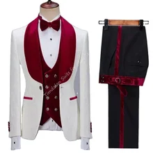 Blazer de terciopelo para hombre, traje ajustado para novio, chaqueta con patrón blanco, pantalones negros, chal rojo, solapa, 3 piezas (1)