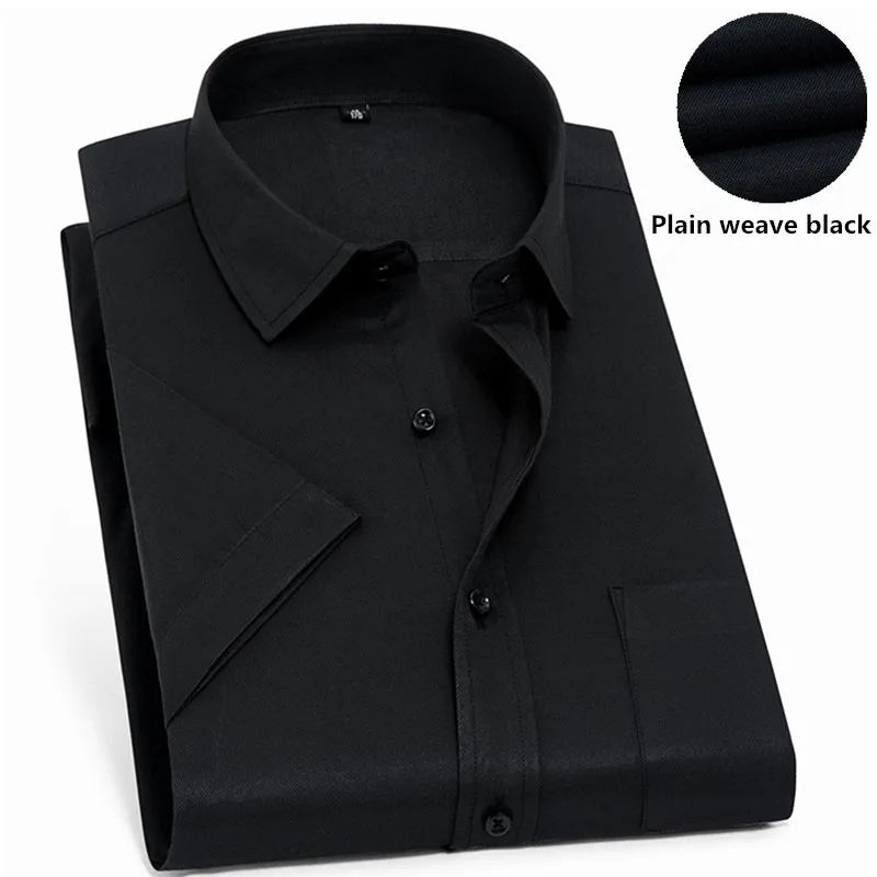 Plain weave black Твил чистый цвет 8XL 7XL 6XL 5XL большой размер Мужская рубашка с коротким рукавом приталенная официальная Мужская белая рубашка деловые мужские рубашки - Цвет: Plain weave black