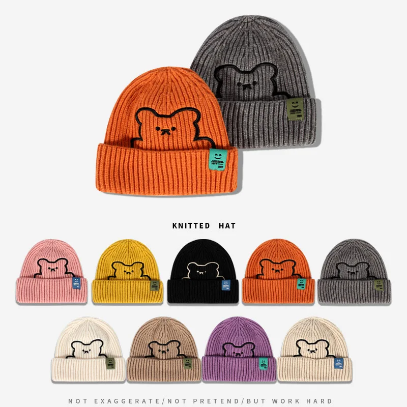 

New Trendy Embroidery Bear Knitted HatWomen Men Hats Ski Bonnet Autumn Winter Warm Knit Beanie Cute Soft Cap