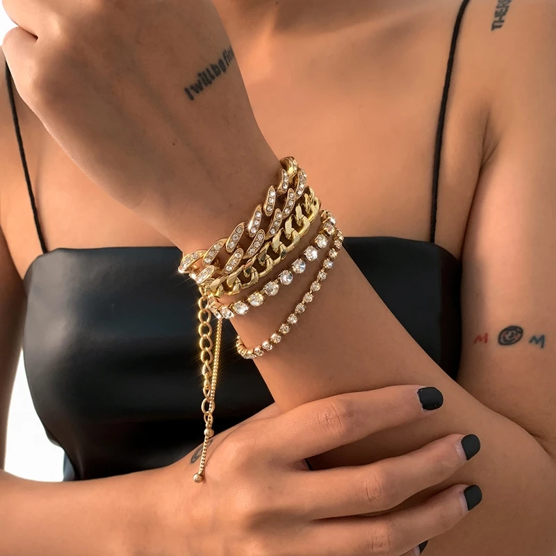 

European And American Style Claw Chain Cuban Buckle Iron Chain Rhinestone Bracelet Adjustable 4pcs Bracelet Set