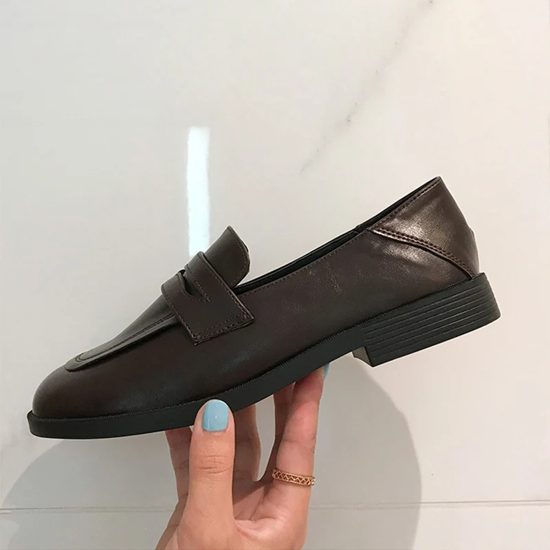 

Casual Women Flat Loafers Slip On Waterproof Vintage Solid Mules Casual Women's Shoes Flats PU Leather Walking Shoe Ladies