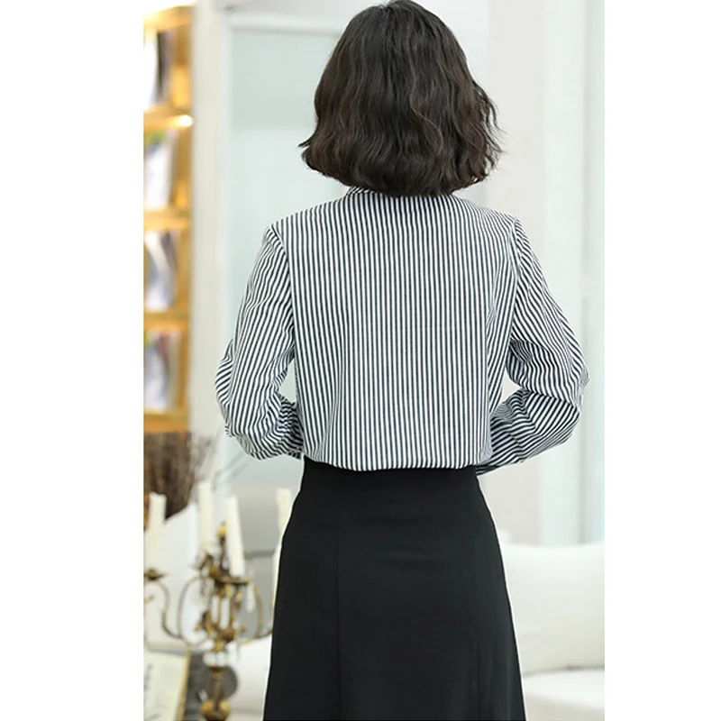 

Office Blouse Bow Tie cotton gray stripe Button long Sleeves Elegant 2021 Spring fall blouse women slim temperament Shirts