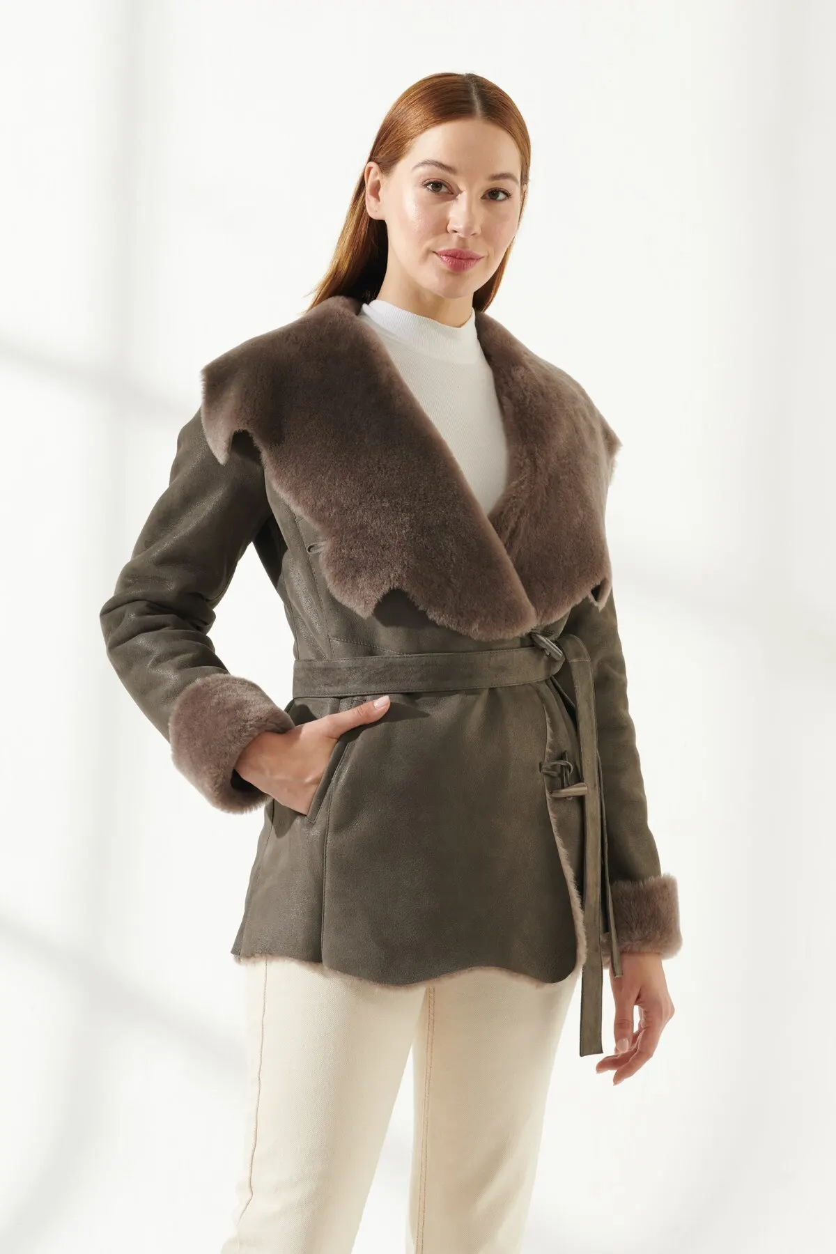 Women's Sports Gray Furry Leather Coat Winterwear Thick Montlar Keeps Warm Soft Genuine Sheepskin Turkiyede Produced New Street Fashion enlarge
