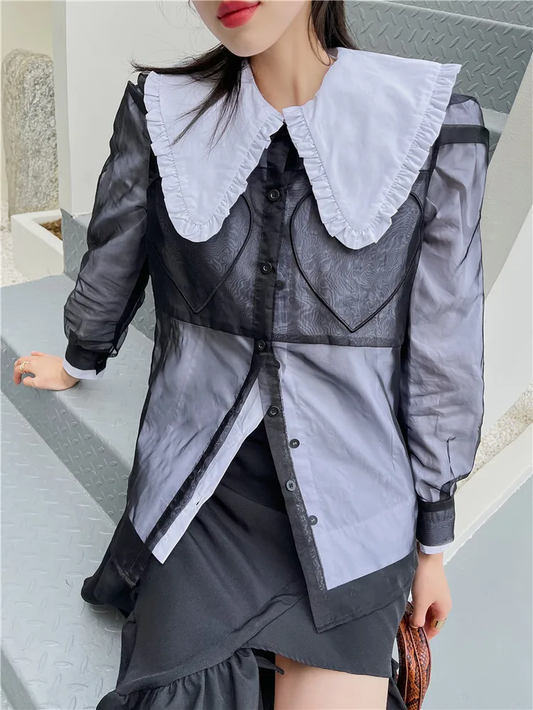 

Clear Transparent Sheer Sunscreen Sunproof Shirts Black Harajuku Cold Winds Fashion Long Sleeve Tuxedo Shirt
