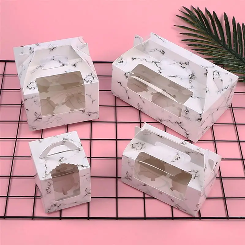 

1 2 4 6 Holes Portable Marbling Transparent Window Cupcake Box with Handle Muffin Paper Cake Candy Box Packaging Gift Boxes