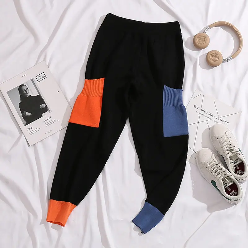 

Knitted contrast large casual Harlem pants women's Korean sports slim 2021 tooling Capris