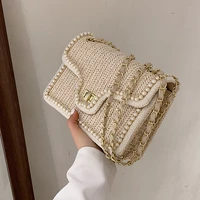 weave square crossbody bag summer new high quality straw womens designer handbag pearl chain shoulder messenger bag purses