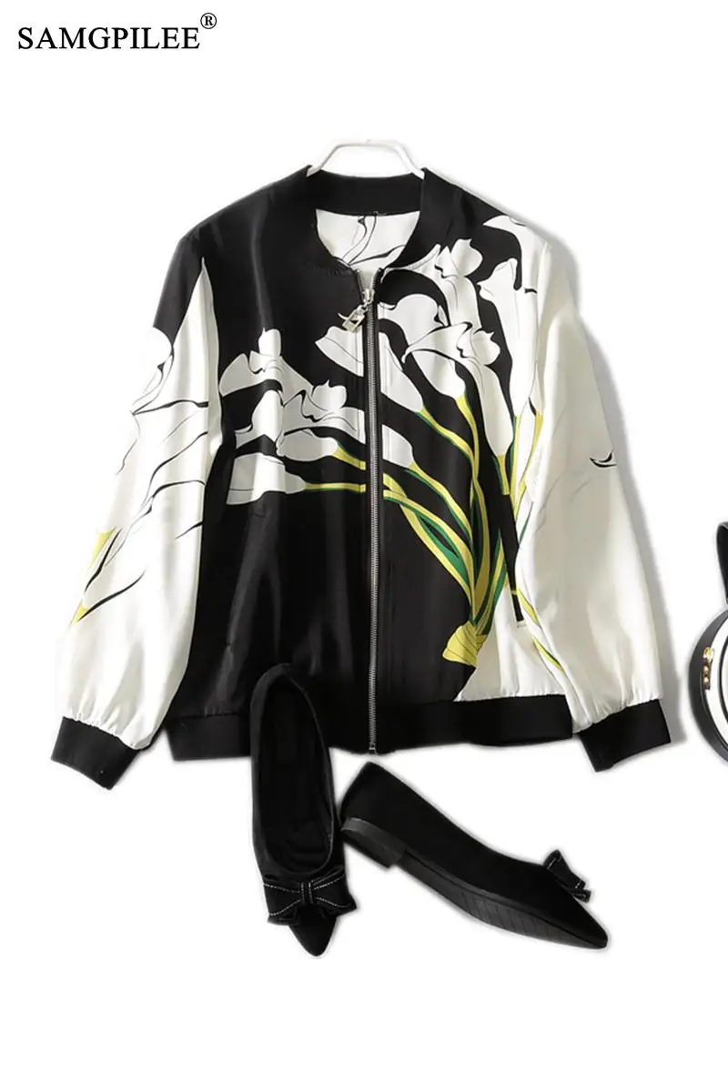 

2021 Spring And Autumn New Fashion Stand Collar Baseball Uniform Big Flower Korean Style Slim Chiffon Short Jacket Cardigan 4XL