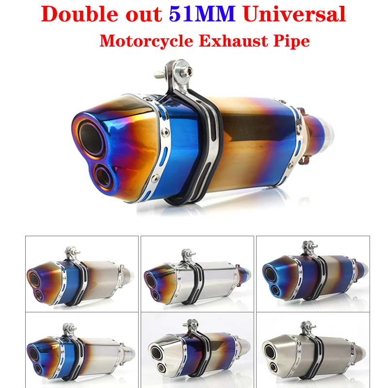 

51MM Universal Motorcycle Exhaust Pipe Modified Escape Moto For Z650 Z900 ER6N CBR1000RR YZF R1 R3 S1000RR Double hole Muffler