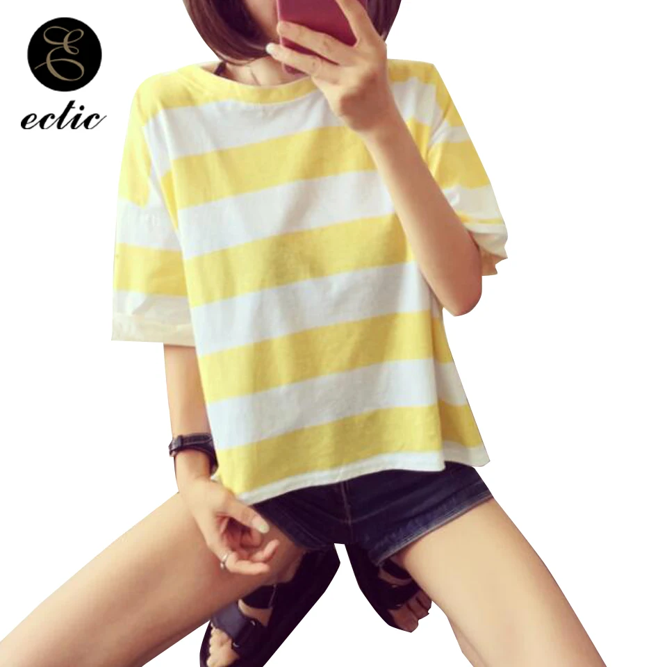 

Horizontal Stripe Shirt Vetement Femme 2021 Fashion Aesthetic Yellow Harajuku Street Style Color Block T Shirt Women Fashion