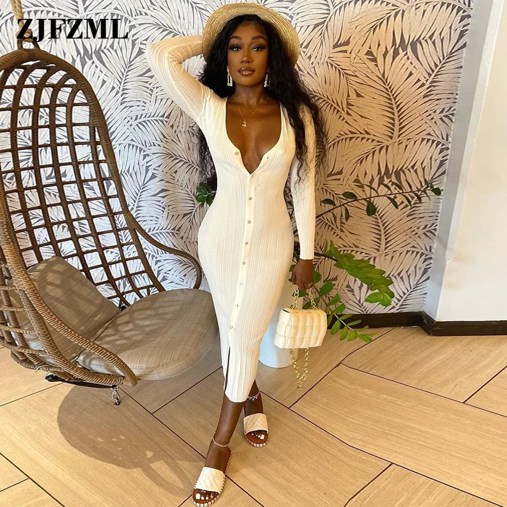 

Black/pink/white Women's Knitted Slim Dress Fashion Deep V Neck Single-breasted Skinny Dresses Autumn Long Sleeve Robe Femme