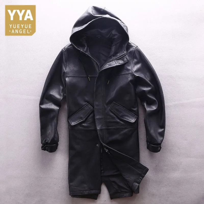 

Brand Sheepskin Real Leather Long Jacket Men Street Slim Fit Hoodies Coat Designer Office Casual Warm Overcoat Plus Size 4XL