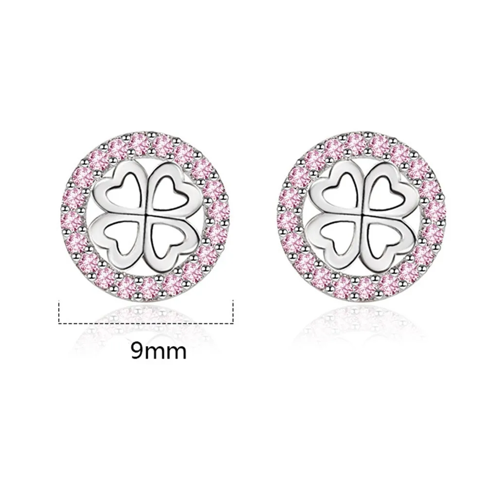 

925 Sterling Silver New Woman Fashion Jewelry High Quality Pink Crystal Zircon Four Leaf Clover Hollow Stud Earrings