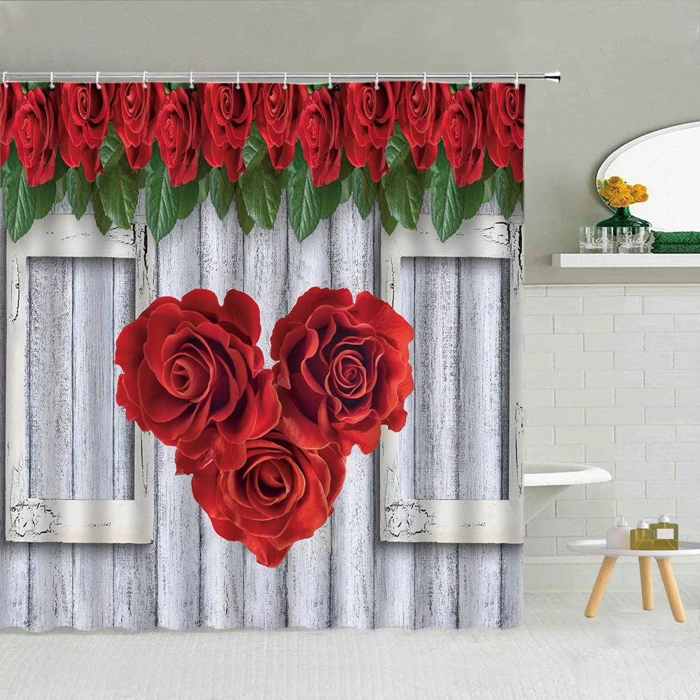 

Farmhouse Rose Flower Wooden Door Bathroom Shower Curtains, Red Rose Flower on The Old Grey Wood Rustic Vintage Polyester Fabric