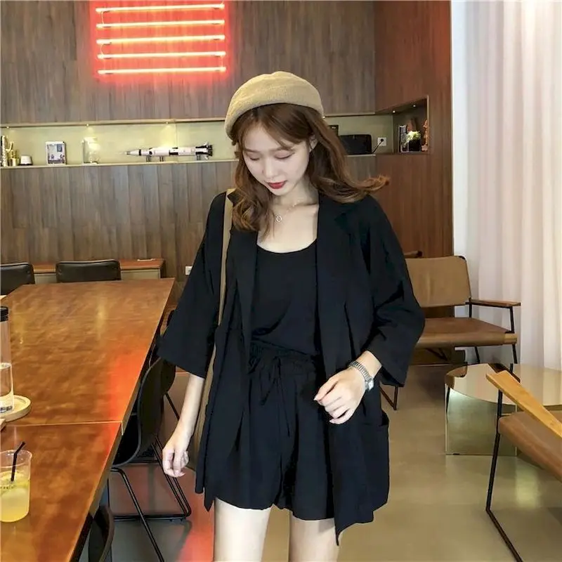 

2021 Spring Summer New Women's Casual Outfit Korean Fashion Three Piece Sets Small Sling Suit Jacket High Waist