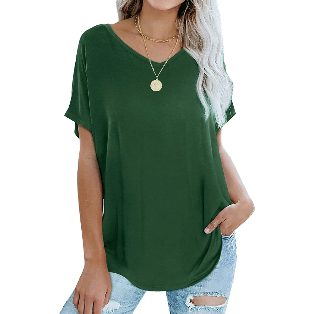 

2021 cross-border women's shirt Europe and America solid color summer casual loose version V-neck short sleeve T-shirt