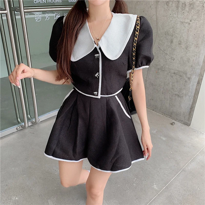 

Women Summer Korean Sweet Two Piece Set Puff Sleeve Peter Pan Collar Button Short Blouse Tops Wide Leg Shorts Pants Suits