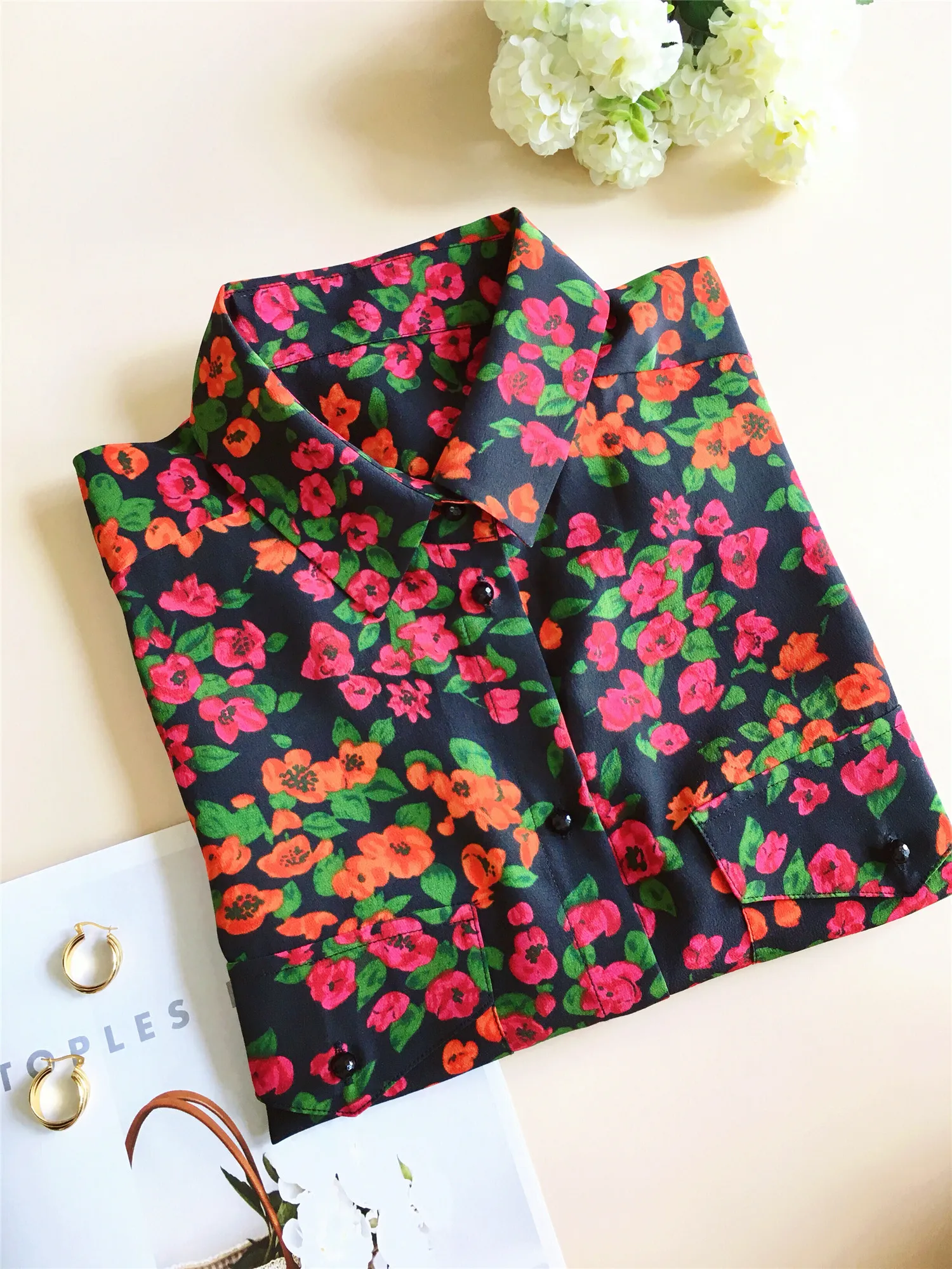 

100% Silk Shirts Brand Women High Luxury Autumn Spring Vintage Elegant Printing Romantic Silk Long-Sleeved Shirt Blouse