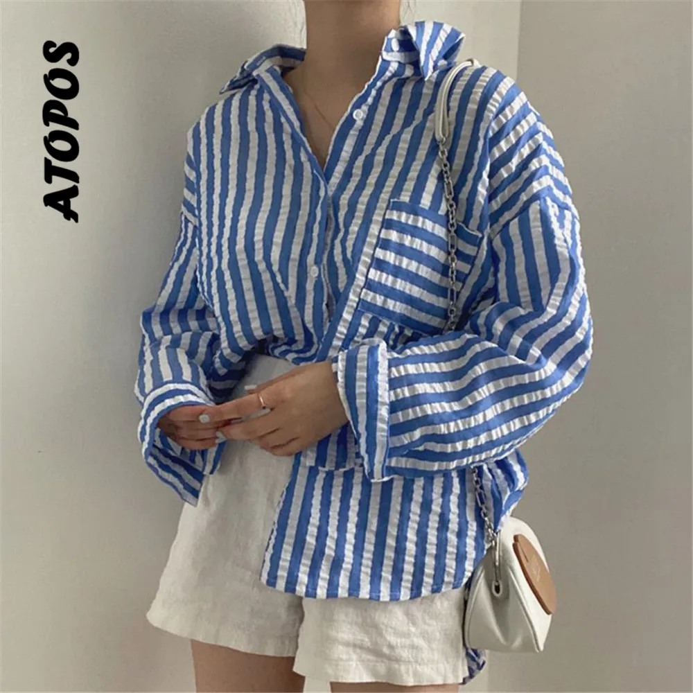 

Atopos Fashion Striped Women Blouses Loose Casual Long Sleeve Shirts Female Tops Single Breasted Basic Blouse Woman Clothes 2022