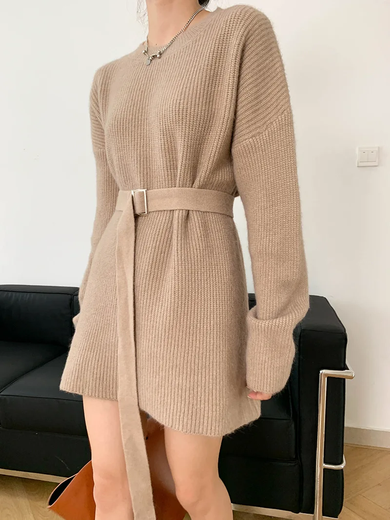 

KCHY Knitted Dresses Women Solid Color O Neck Waist Lace Midi Dresses Elegant Fashion Casual Simple Loose Knitwear