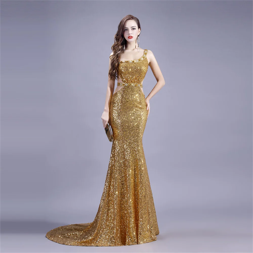 

Women Rhinestone Halter One-shoulder Formal Party Dress Gold Sequined Mermaid Female 2021 New Ultra-long Evening Dresses