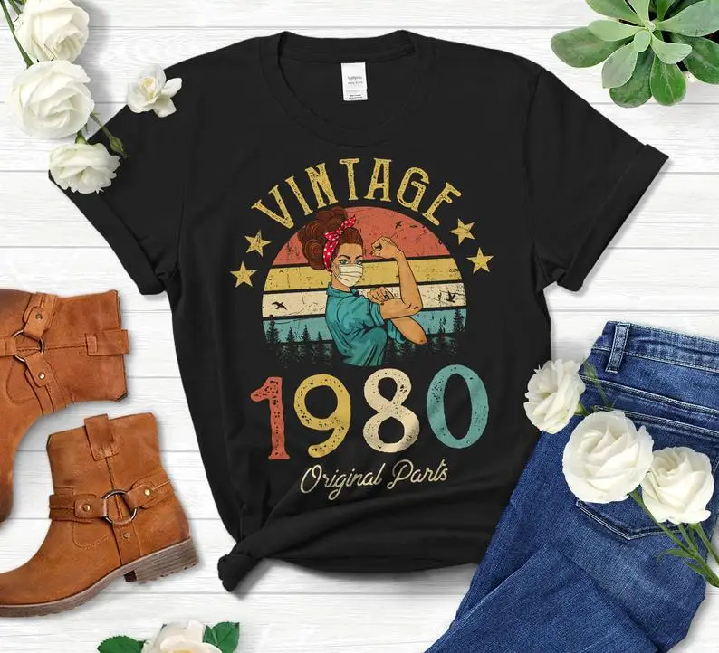 

Retro 1980 funny 40th birthday gift original retro belt mask quarantine version T-shirt 100% cotton short-sleeved top T-shirt