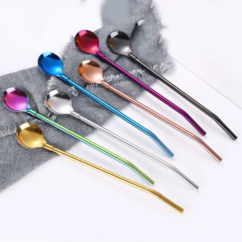 

Multicolor Stainless Steel Long Metal Drinking Straw Spoon 266mm Reusable Tea Coffee Bar Kitchen Party Drink Straws Accessories