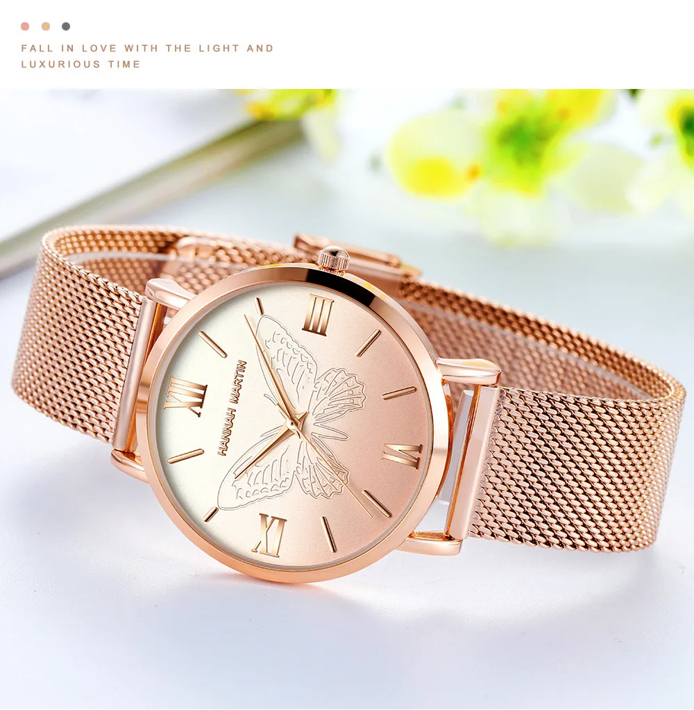 Relogio Feminino,, Топ бренд, роскошные женские японские кварцевые часы, 3D, розовая бабочка, часы из нержавеющей стали, водонепроницаемые наручные часы