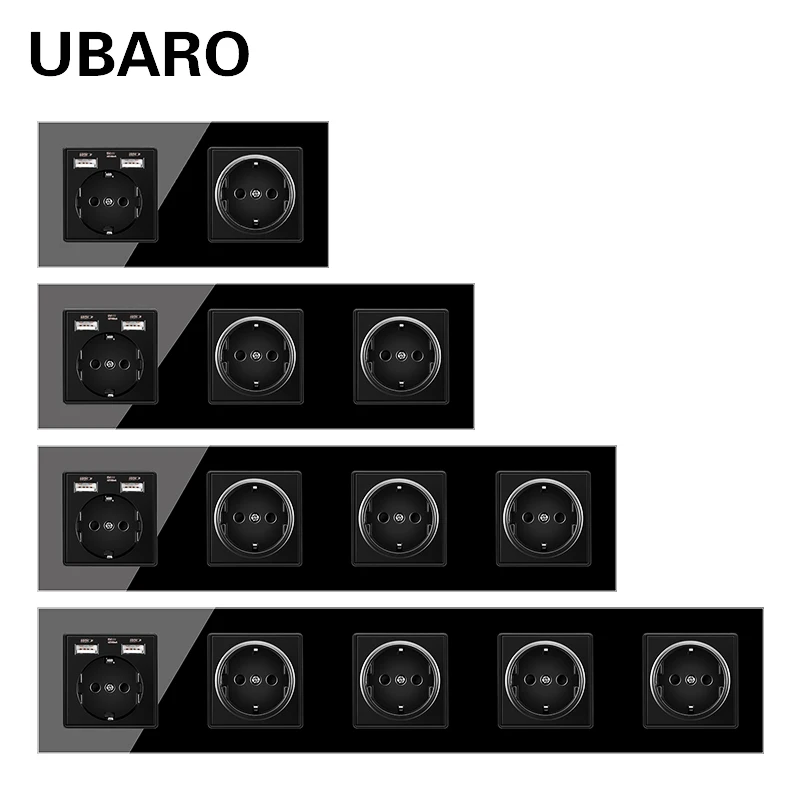 

UBARO German Standard 16A Crystal Glass Panel Wall Socket Power Outlet Electrical Plug With Usb 5V 2100mA Steckdose Ac100-250V
