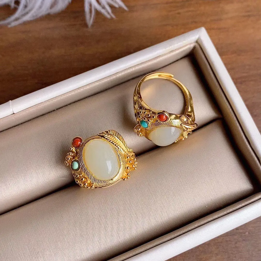 

Natural Hetian Jade Ring Women's S925 Sterling Silver Inlaid Duobao Thick Frosted Gold-Plated Ring Retro Ethnic Style Jewelry