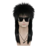 FGYWIG Long Straight Hair Black Synthetic Wig For Men And Women With Bangs 70s 80s Cosplay Rock Punk Disco Mullet Head Party Wig