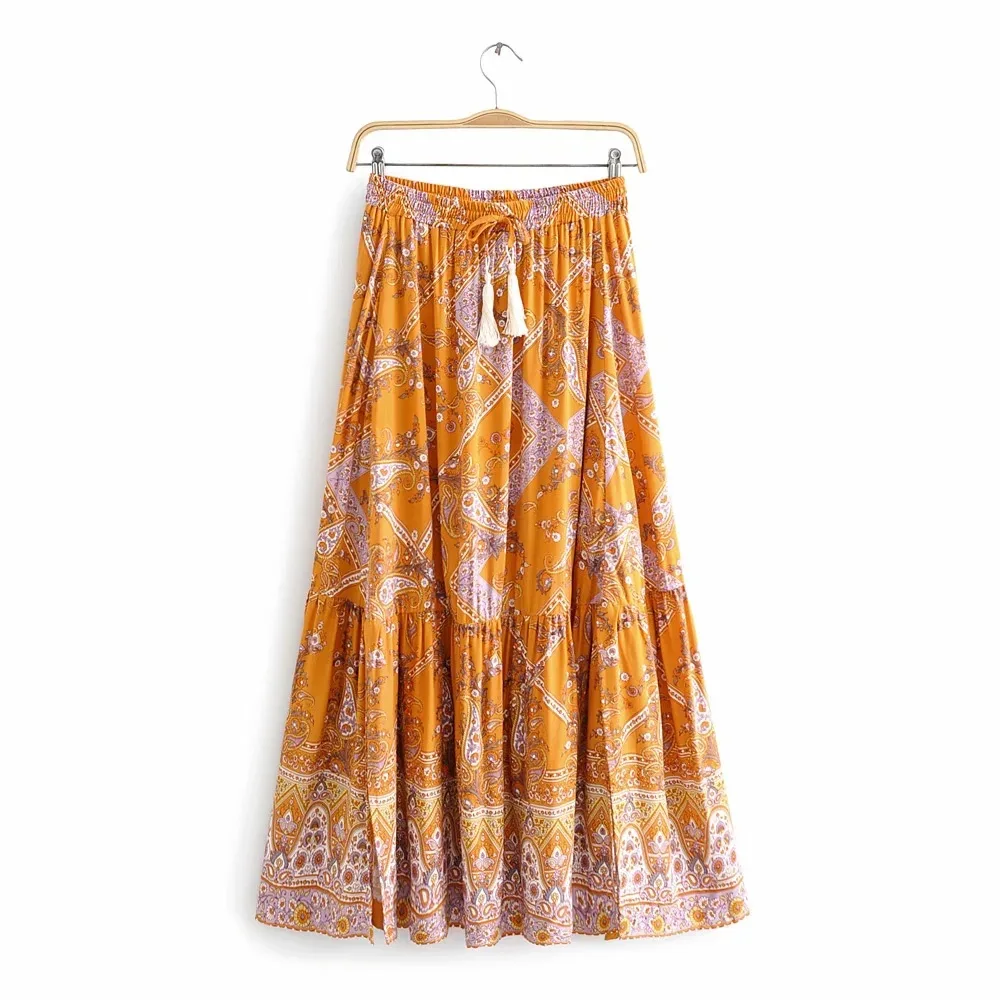 

European and American style 2021 summer new seaside holiday style slim elastic high waist rayon printed split skirt