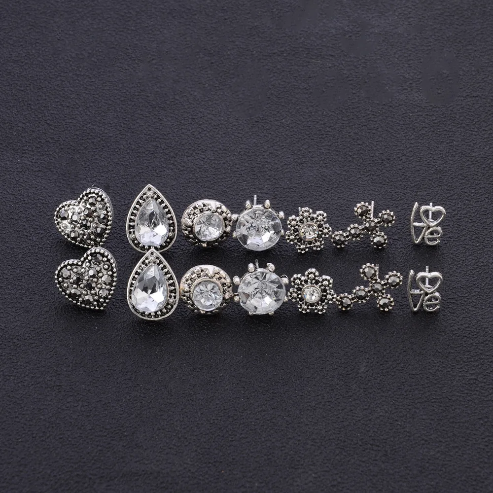 7 пар/уп. этнические хрустальные серьги гвоздики с цветами в форме сердца набор