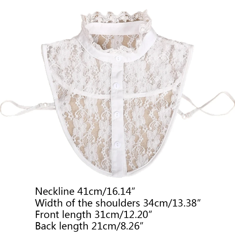 

Korean Women Decorative Ruffles Stand False Fake Collar Dickey Sweet Hollow Out Sheer Floral Lace Button Down White Half