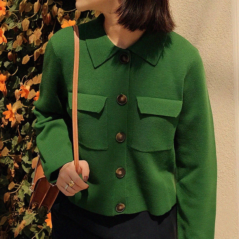

Caramel Knit Cardigan Autumn Winter Long Sleeve Turn Down Collar Buttons Pocket Jacket Women Vintage Elegant Jackets Tops