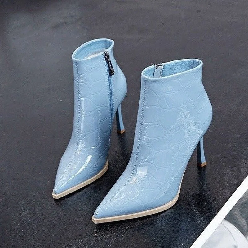 

Short Boots Women High-heeled Stiletto Pointed Patent Leather Martin Boots 2021 New European and American Printed Women's Shoes