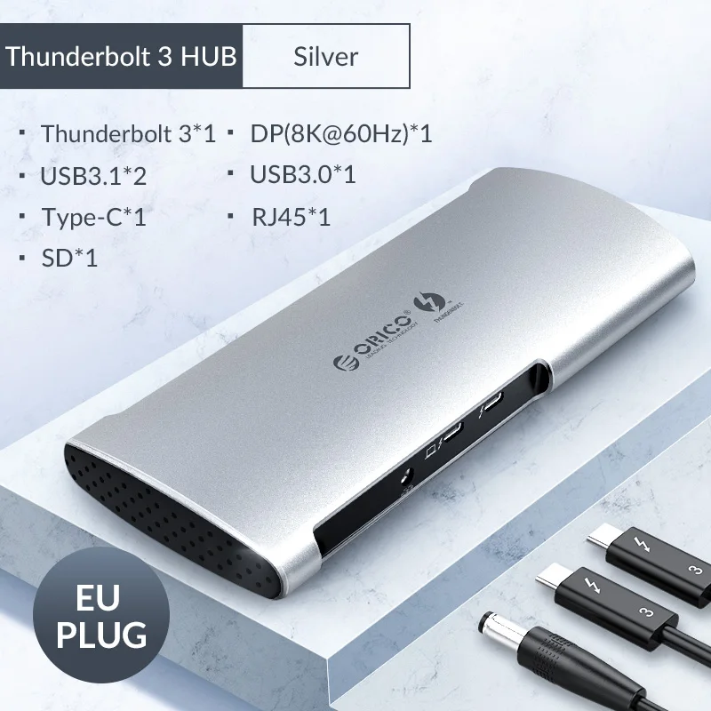 EU Plug Silver Док-станция ORICO Thunderbolt 3 концентратор USB Type C-DP USB 3,0 концентратор адаптер RJ45 SD4.0 USB-C конвертер 40 Гбит/с для MacBook Pro Air huawei - Цвет: EU Plug Silver