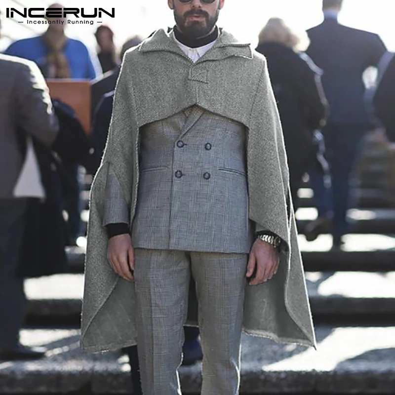 

Осенняя мужская накидка, пальто, уличная одежда с принтом, свободное винтажное пончо с лацканами неправильной формы, Мужская Повседневная Д...