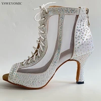 wholesale latin dance shoes boots for women white satin rhinestones customized colors and heels salsa bachata dance boots girls