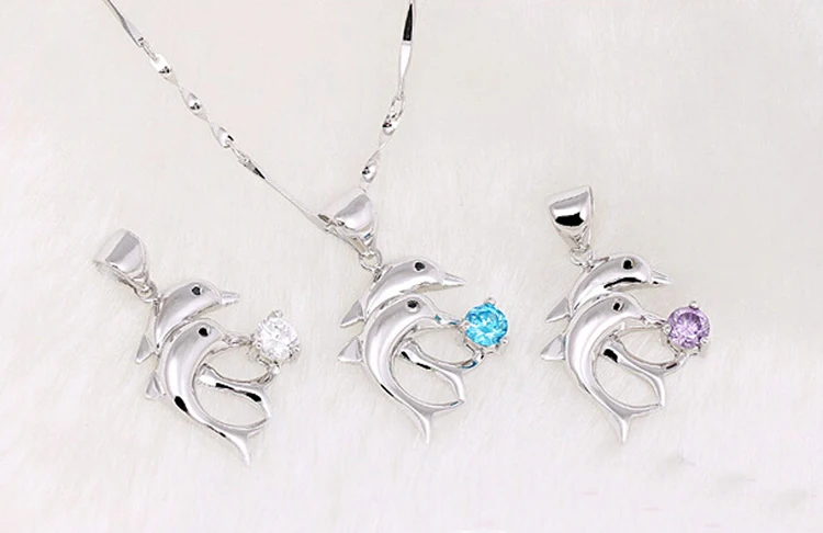 Милый посеребренный двойной Дельфин горный хрусталь узор женское ожерелье с