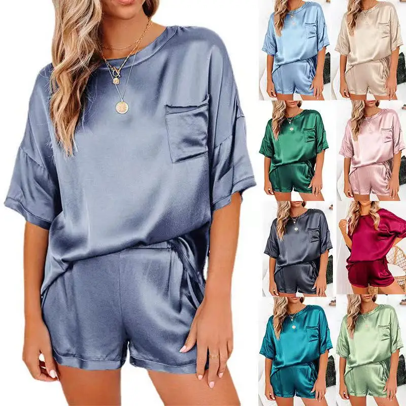 

2021 European and American spring and summer new pure color pajamas home clothes short sleeved shorts irregular two-piece suit
