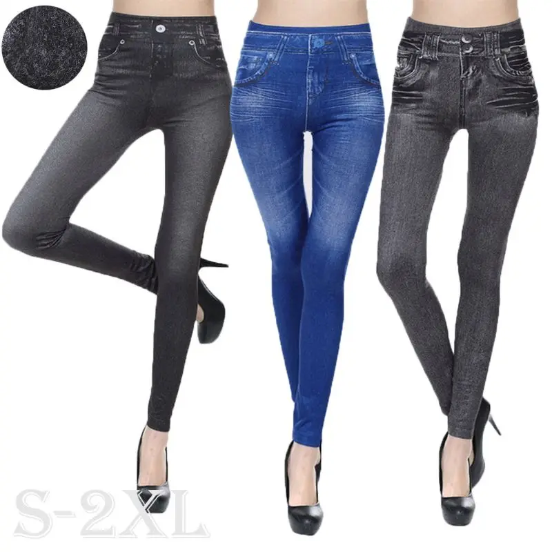 Women Fleece Lined Winter Jeggings Seamless Faux Jeans Denim Slim Pencil Pants | Женская одежда