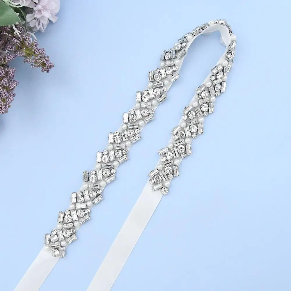 

TRiXY S432 Sparkly Wedding Belts Rhinestone Bridal Belt Pearls Beaded Bridal Sash Silver Prom Dress Belt Waistband Satin Belt