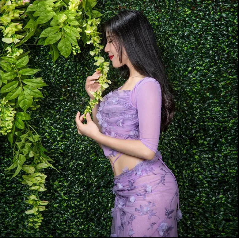 Purple Сказочный женский костюм для танца живота юбка Цветочная украшенная одежда для упражнений сетчатая пряжа сшивание костюм для восточных танцев фиолетовый большой - Цвет: Purple