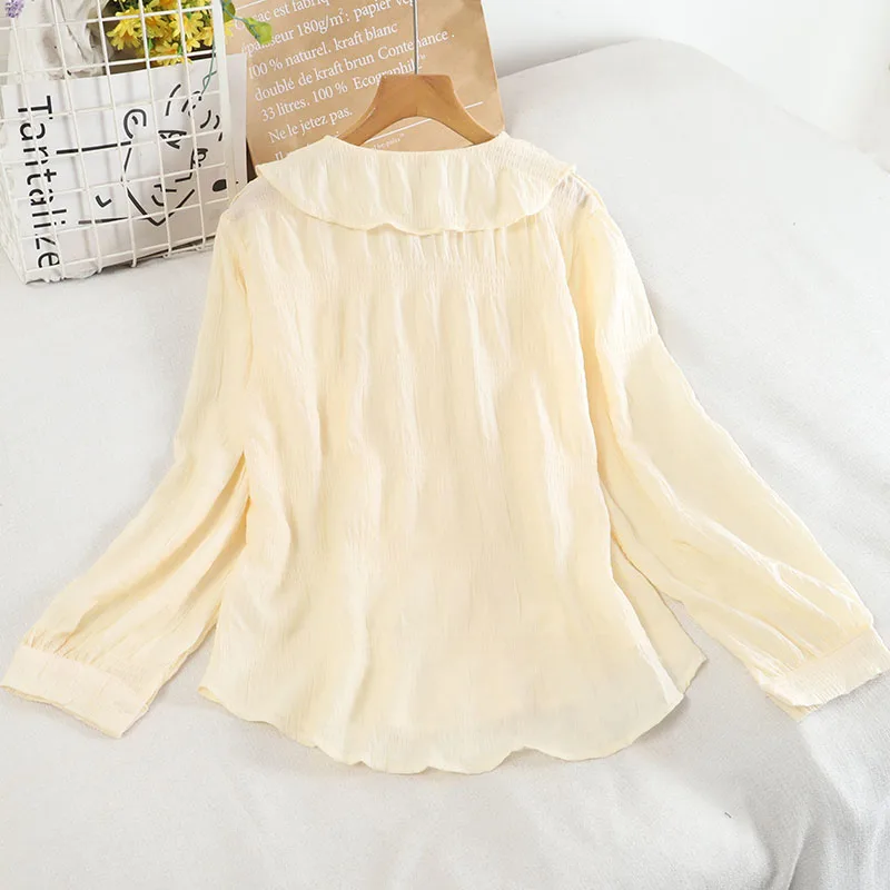 

Spring Women Chiffone Blouses Female Long Sleeve V-Neck Casual Loose White Blouse New Korean Sweet Single-breasted Shirts Tops