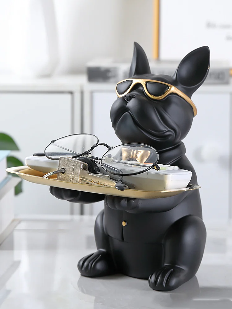 

Resin Dog Figurine French Bulldog Sculpture with Metel Plate Keys Jewelry tools Storage holder Gift Home Table Decoration