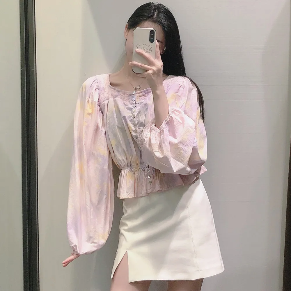 

2021 New Fashion Women's sweet square collar shirt tie-dyed short bubble long sleeve ruffled shirt